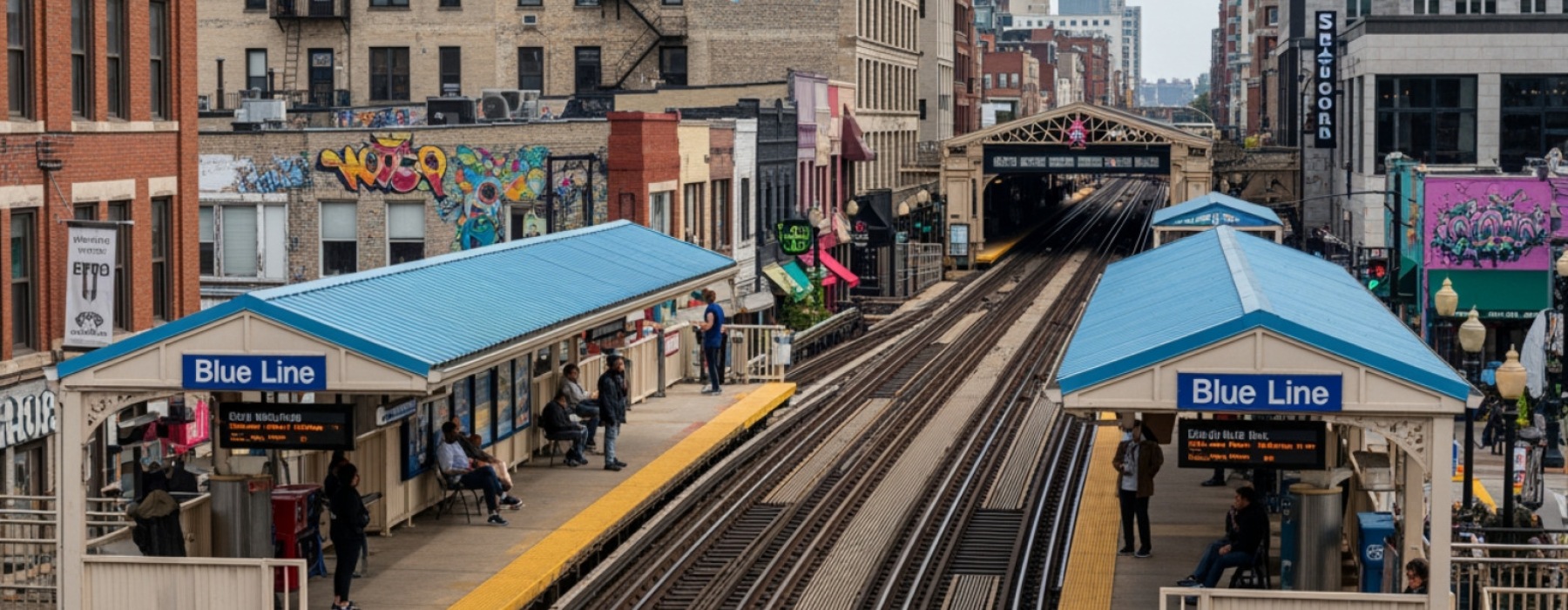 Blue Line Wicker Park train arriving at Damen station - Blue Line Wicker Park