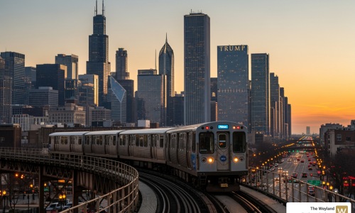 Chicago Blue Line train with city skyline - blue line apartments